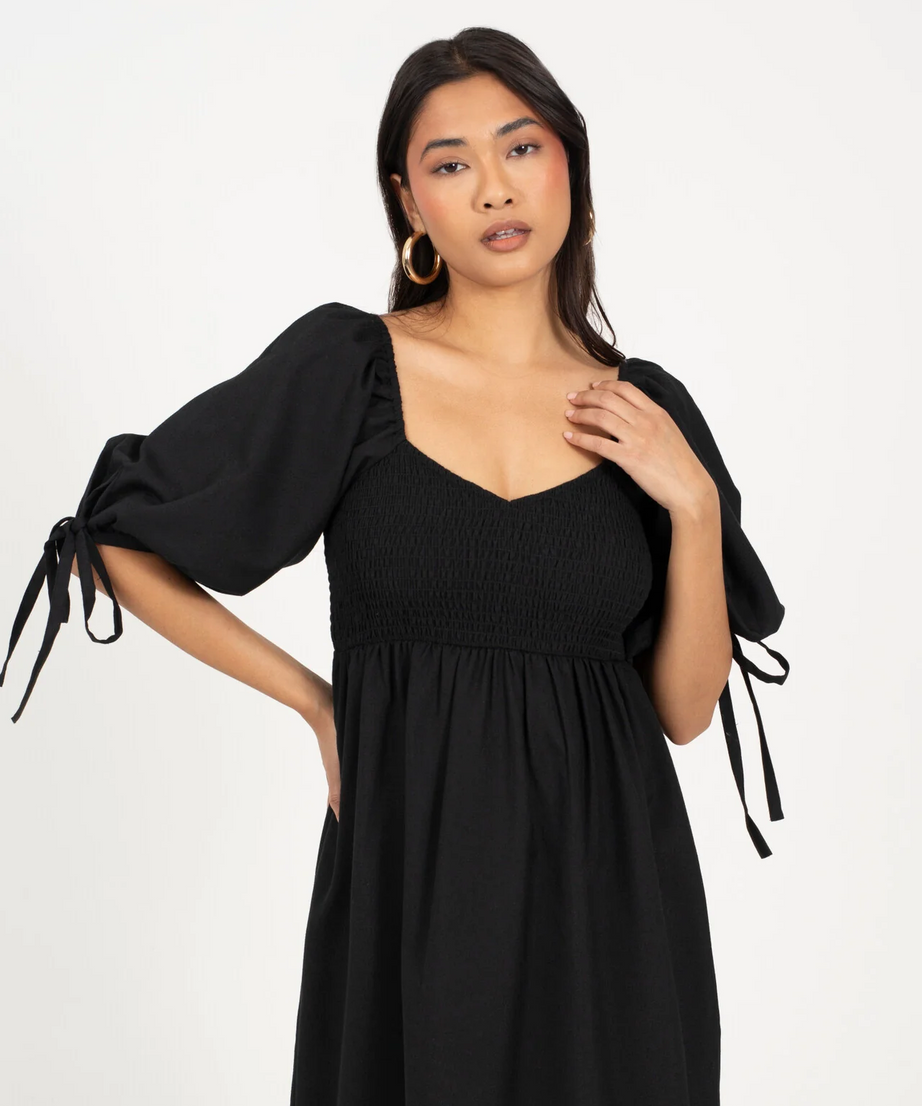 Brave Soul Tiered Puff Sleeve Midi Dress – Black | Women’s Dress