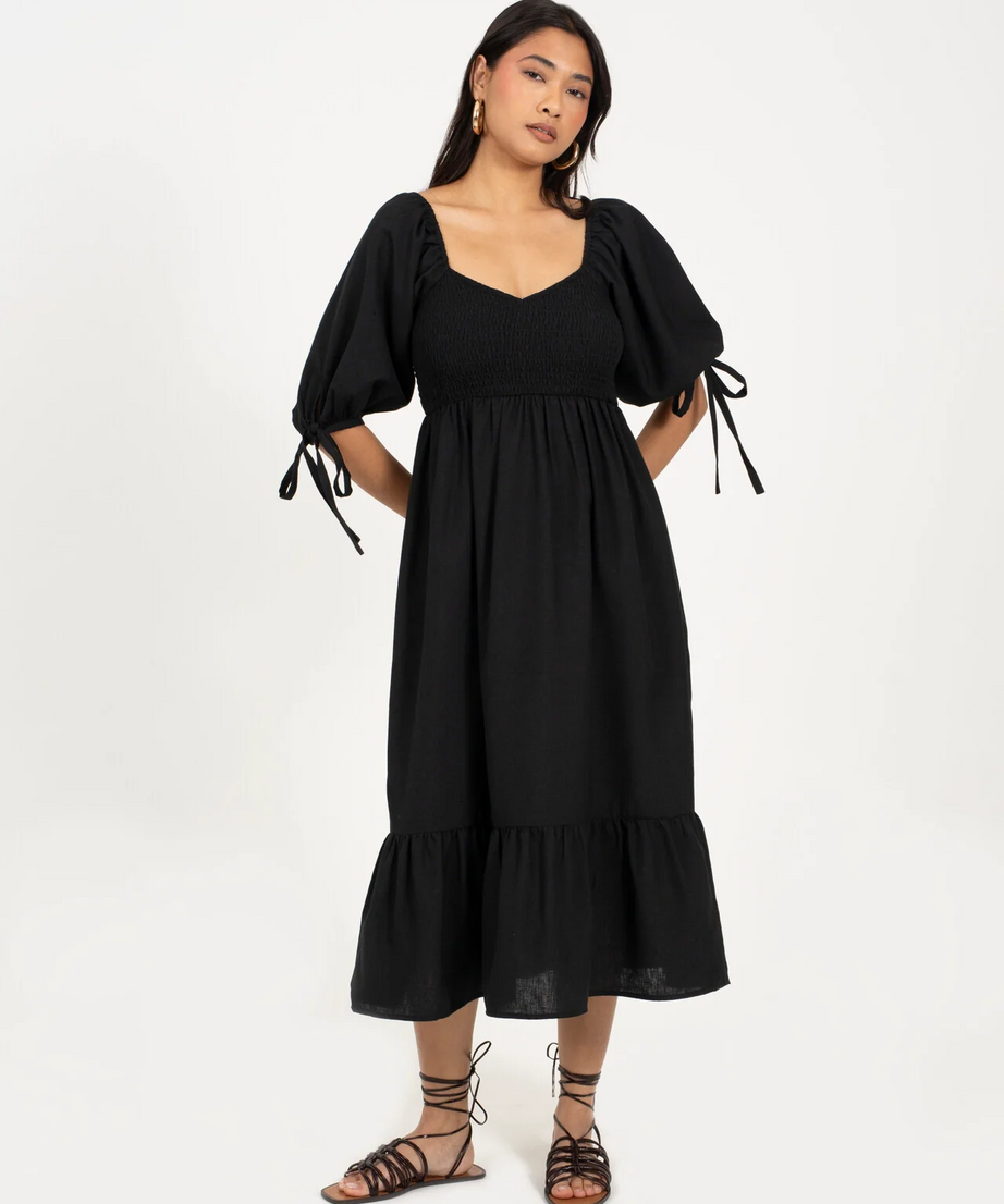 Brave Soul Tiered Puff Sleeve Midi Dress – Black | Women’s Dress