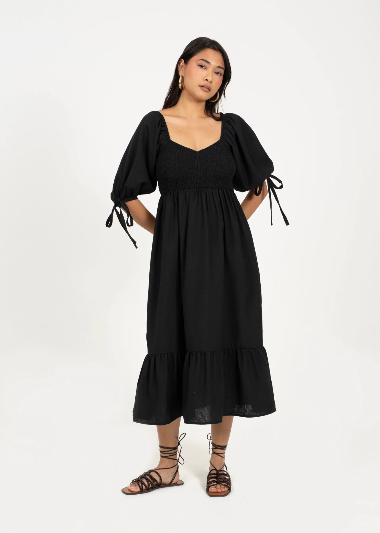 Brave Soul Tiered Puff Sleeve Midi Dress – Black | Women’s Dress