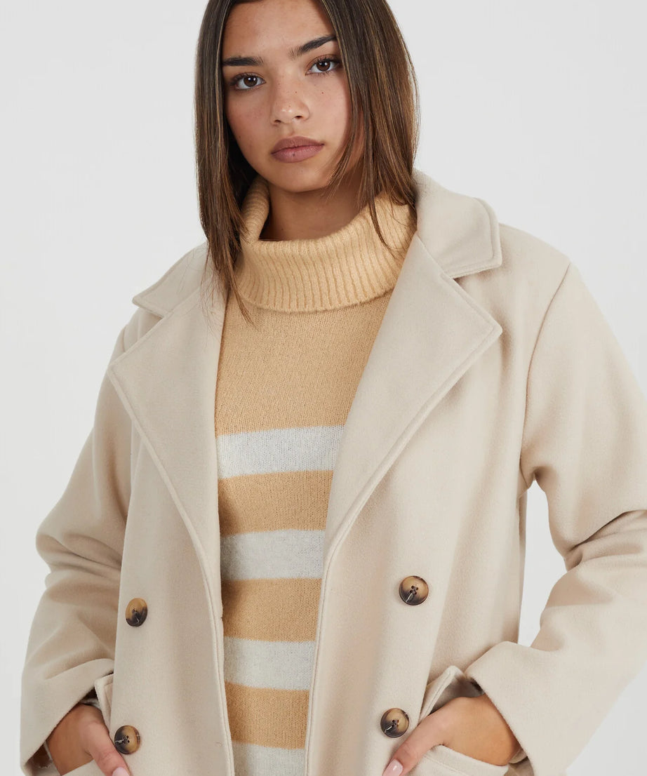 FAUX WOOL LONG PILE LONG LENGTH DOUBLE BREASTED COAT