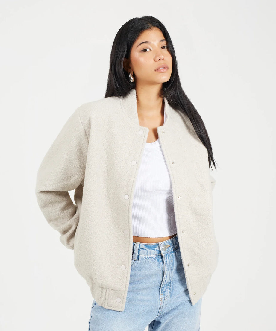 FAUX WOOL BOUCLE BOMBER JACKET, LIGHT GREY