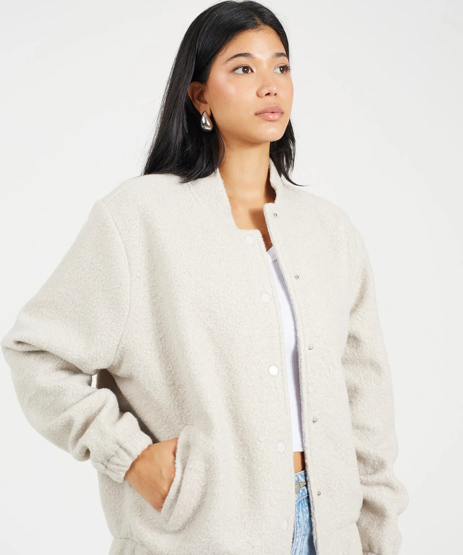 FAUX WOOL BOUCLE BOMBER JACKET, LIGHT GREY