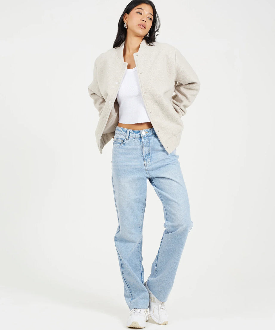 FAUX WOOL BOUCLE BOMBER JACKET, LIGHT GREY