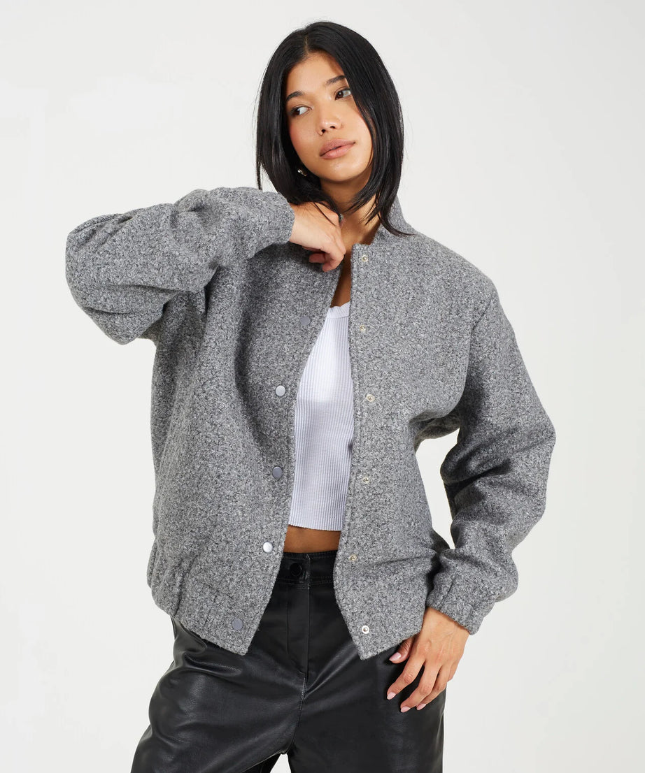 FAUX WOOL BOUCLE BOMBER JACKET, CHARCOAL