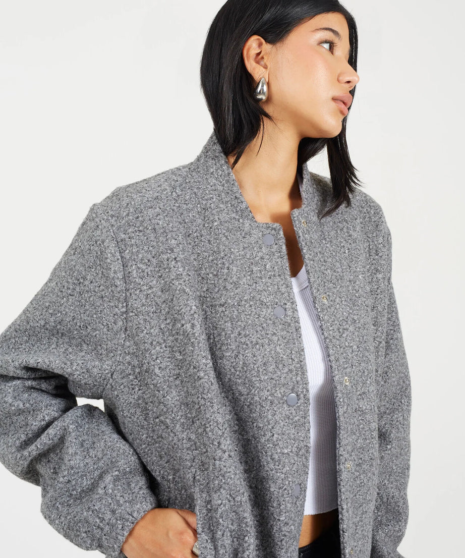 FAUX WOOL BOUCLE BOMBER JACKET, CHARCOAL