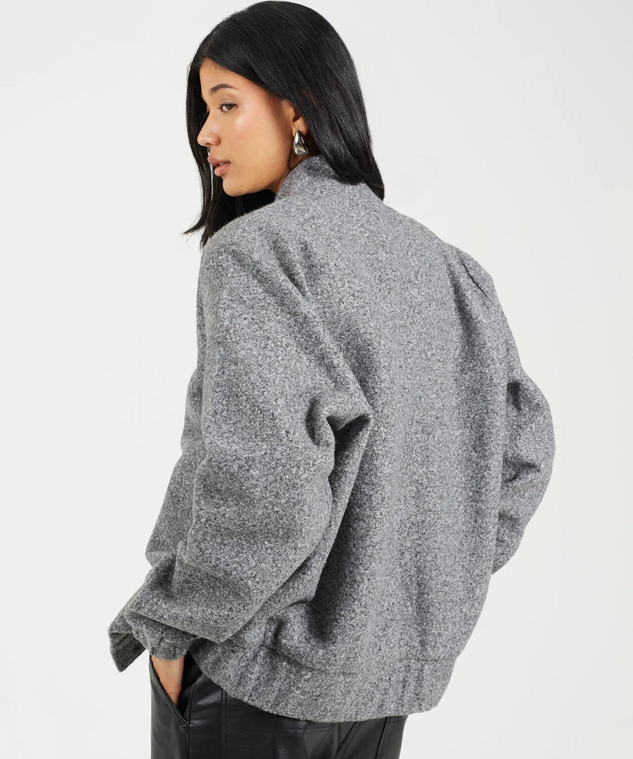 FAUX WOOL BOUCLE BOMBER JACKET, CHARCOAL