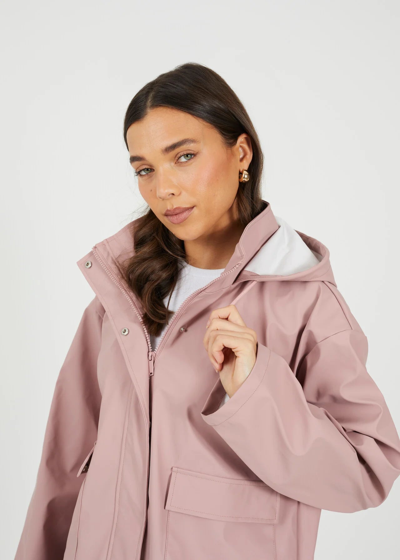 RUBBERISED HOODED RAIN MAC, BLUSH PINK