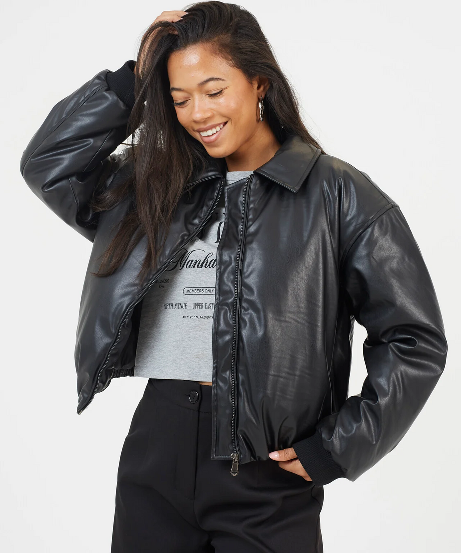Brave Soul Oversized Faux Leather Bomber Jacket – Black