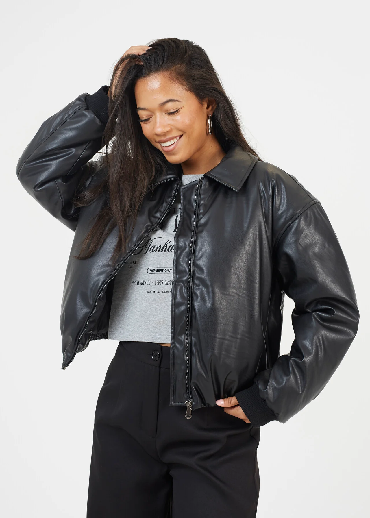 Brave Soul Oversized Faux Leather Bomber Jacket – Black