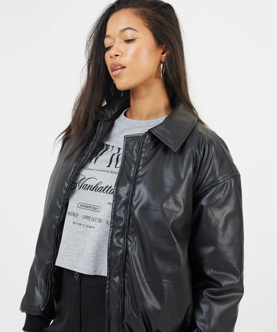 Brave Soul Oversized Faux Leather Bomber Jacket – Black