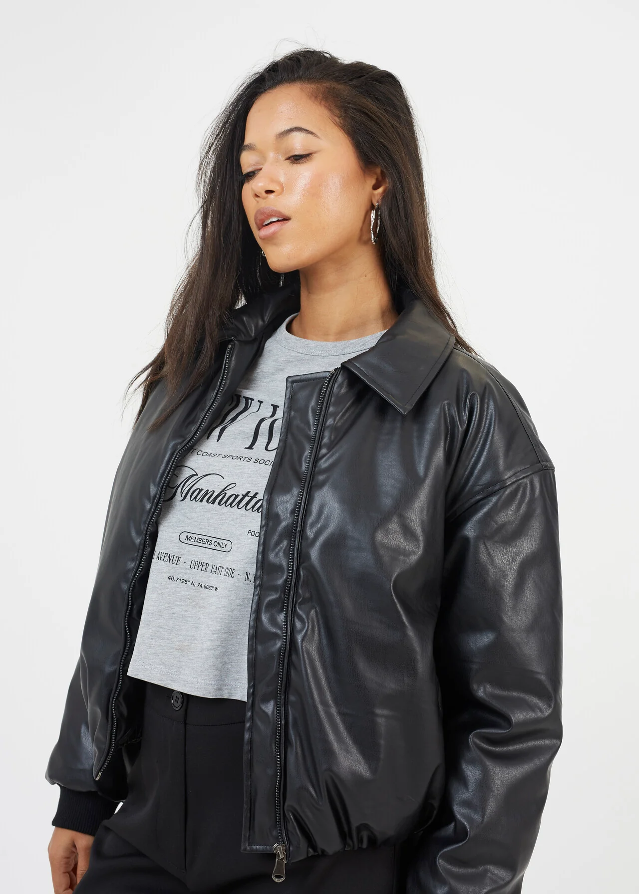 Brave Soul Oversized Faux Leather Bomber Jacket – Black