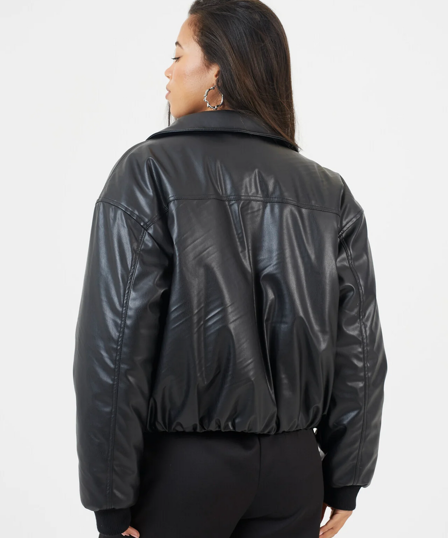 Brave Soul Oversized Faux Leather Bomber Jacket – Black