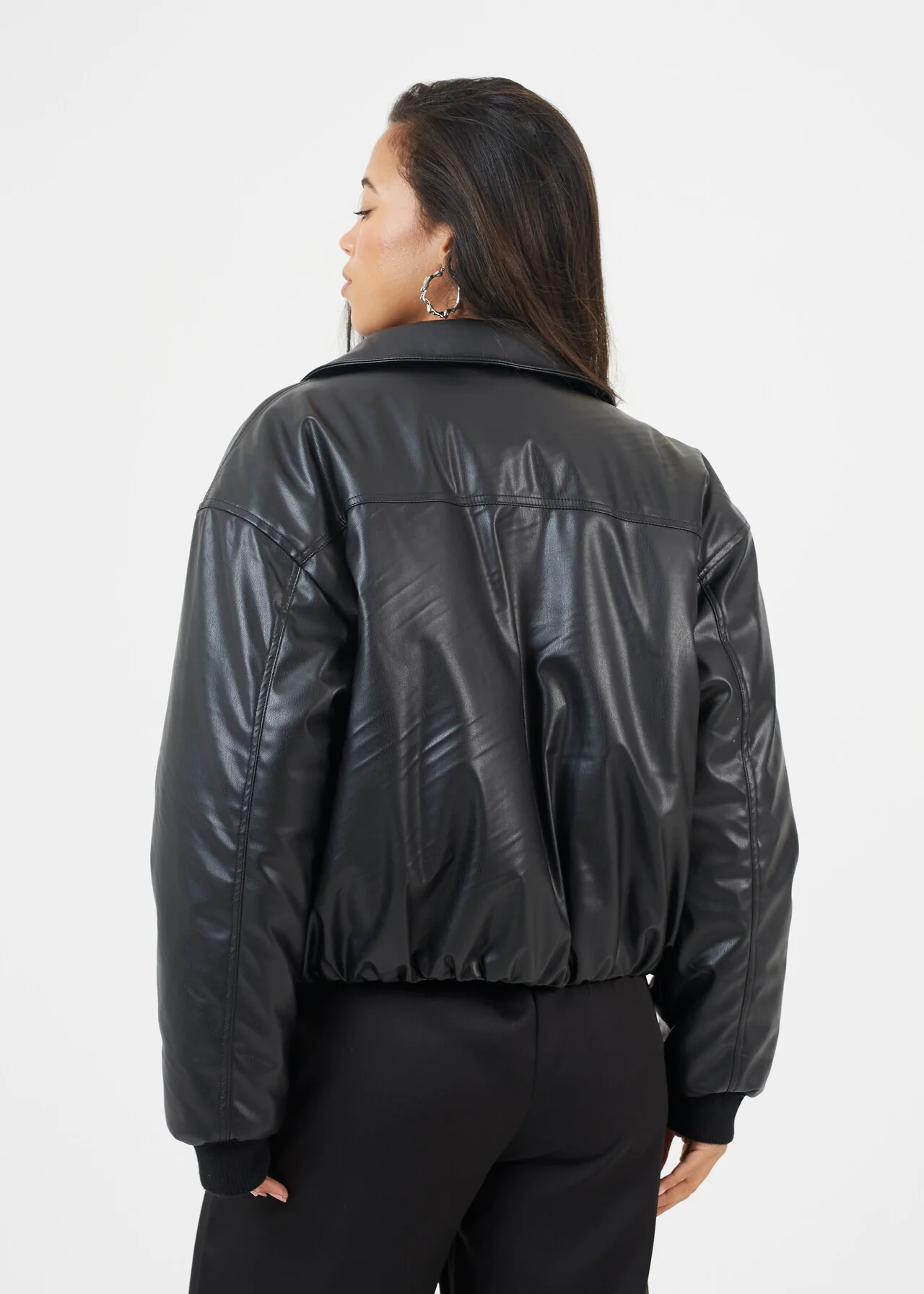 Brave Soul Oversized Faux Leather Bomber Jacket – Black