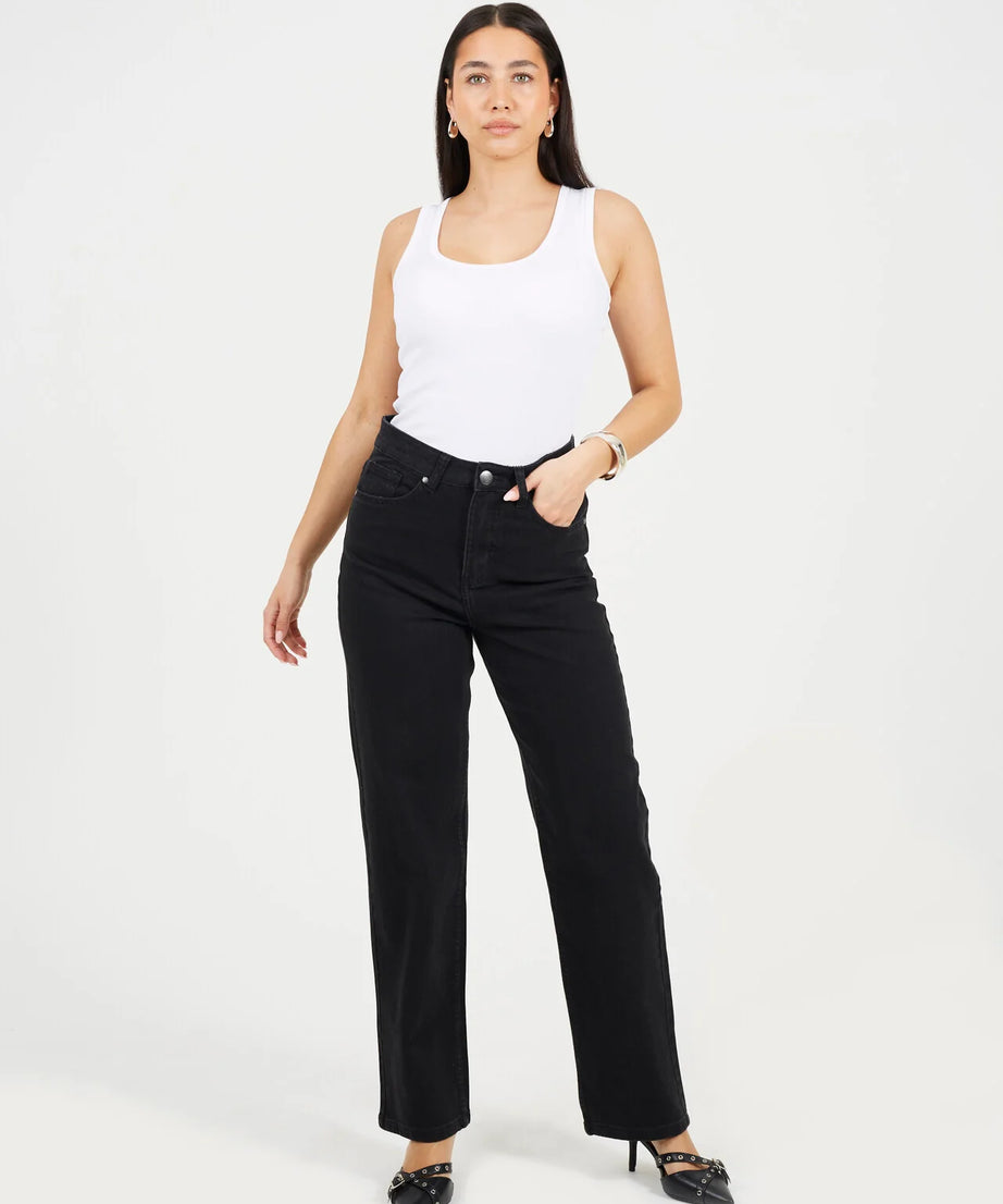 HIGH WAISTED STRAIGHT LEG JEANS, BLACK