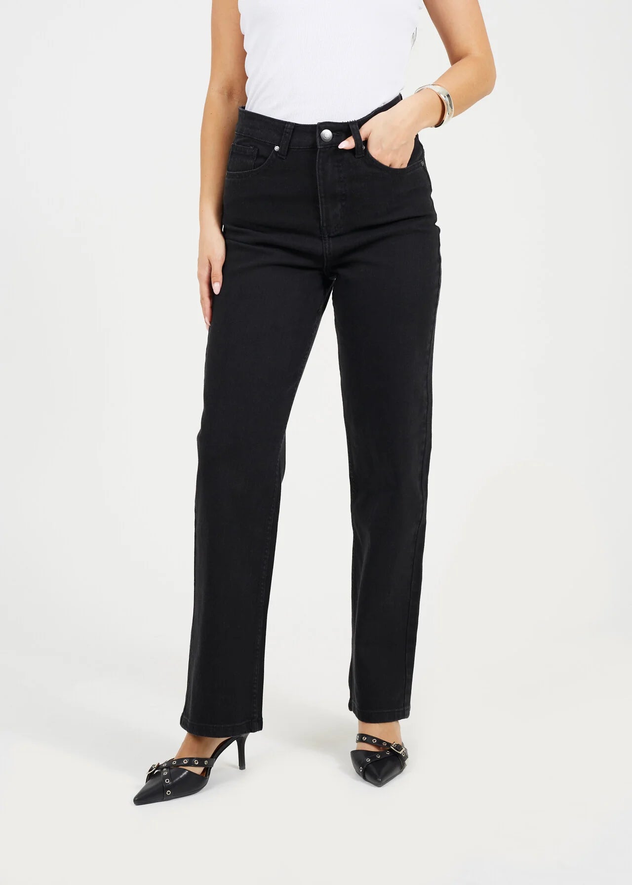 HIGH WAISTED STRAIGHT LEG JEANS, BLACK