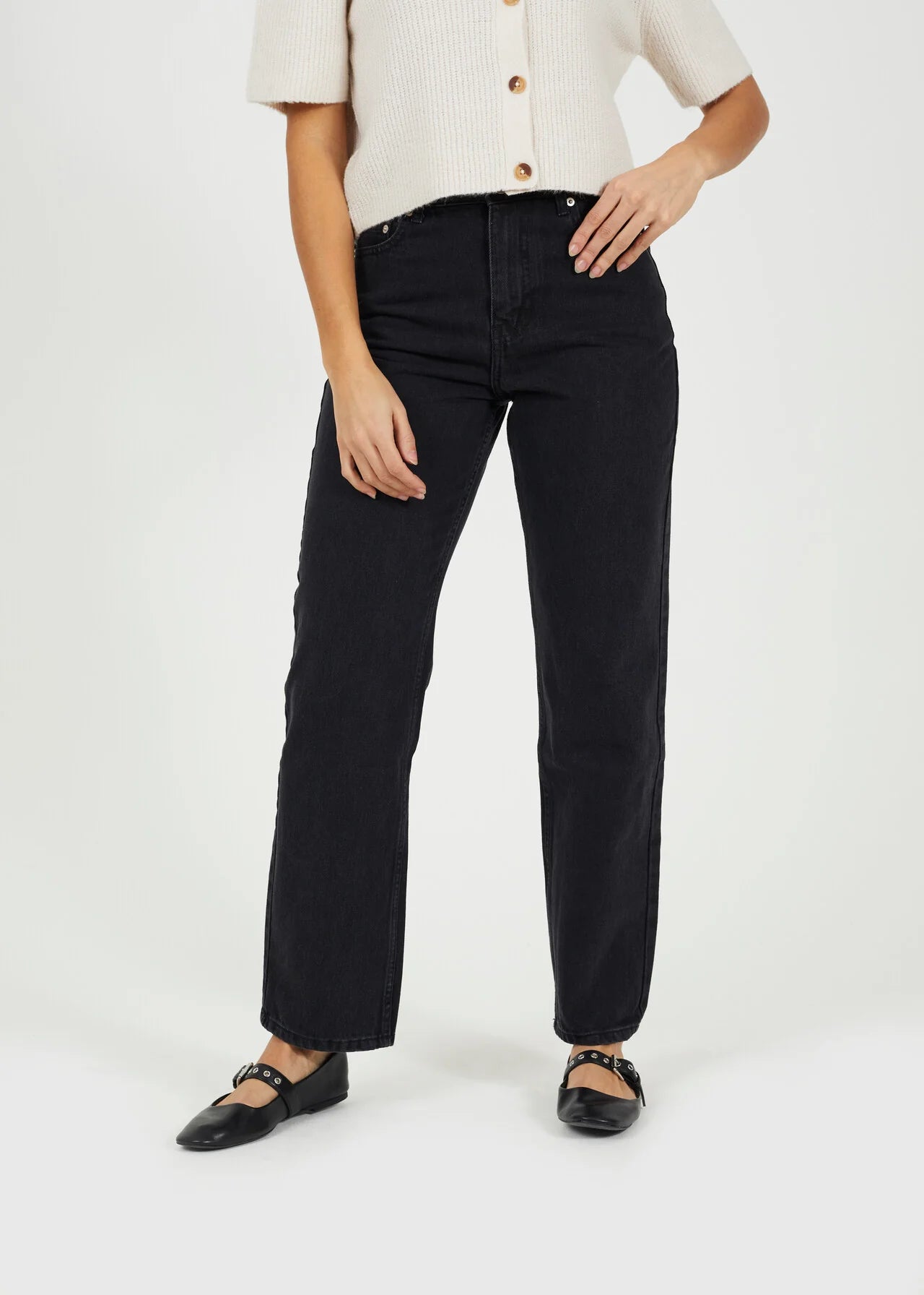 WASHED BLACK FULL LENGTH PARALLEL LEG JEANS