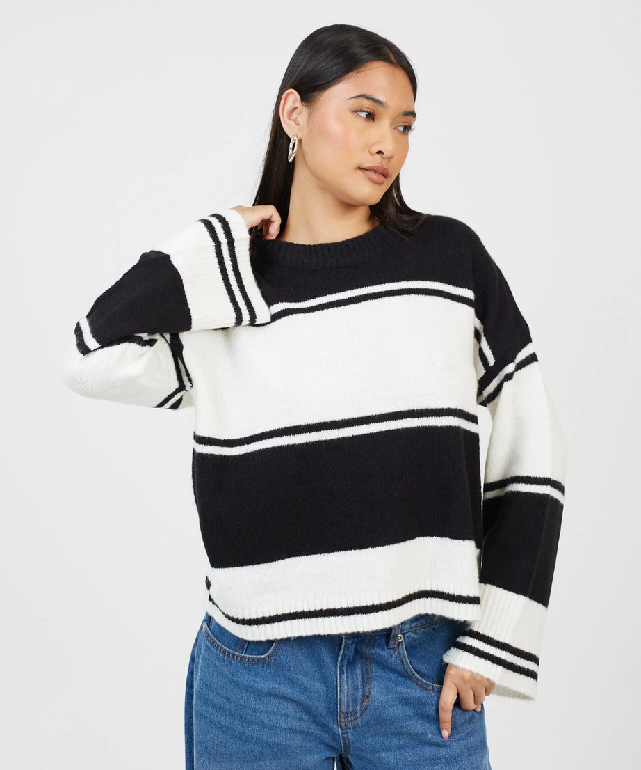 CREW NECK WIDE STRIPED JUMPER, BLACK/CREAM