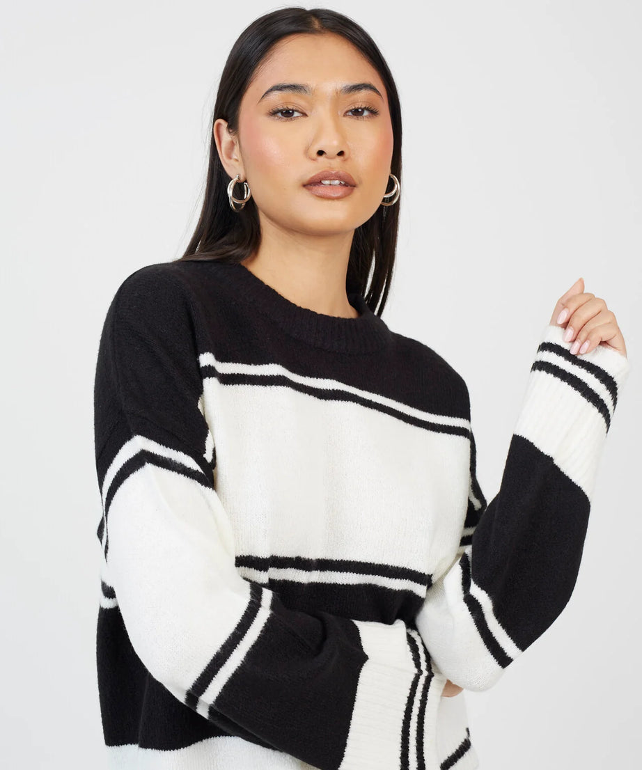 CREW NECK WIDE STRIPED JUMPER, BLACK/CREAM