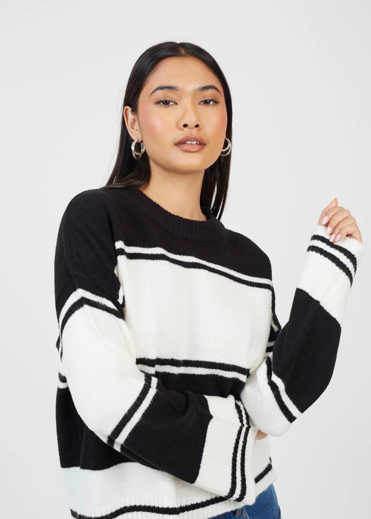 CREW NECK WIDE STRIPED JUMPER, BLACK/CREAM