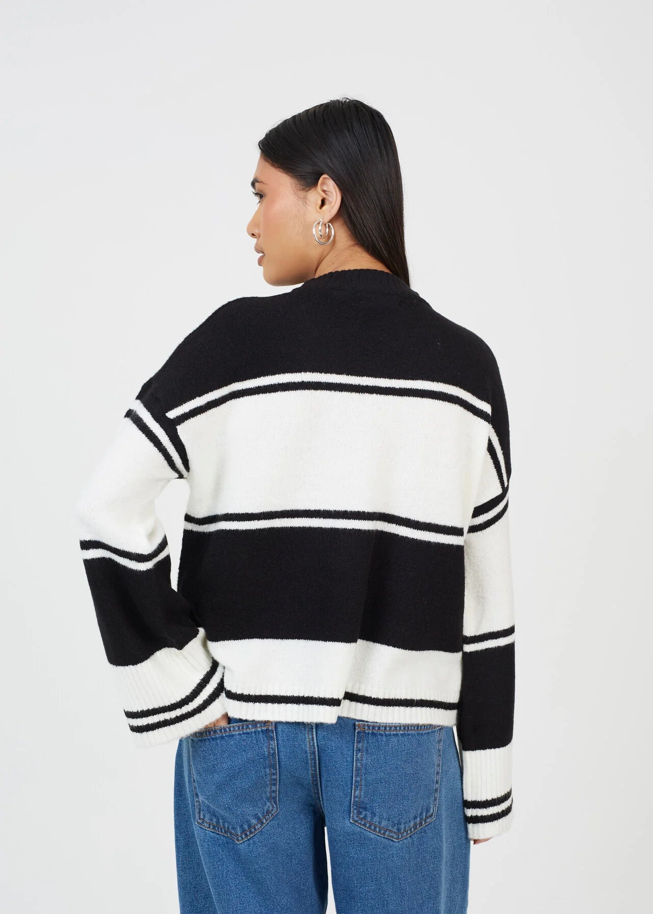 CREW NECK WIDE STRIPED JUMPER, BLACK/CREAM