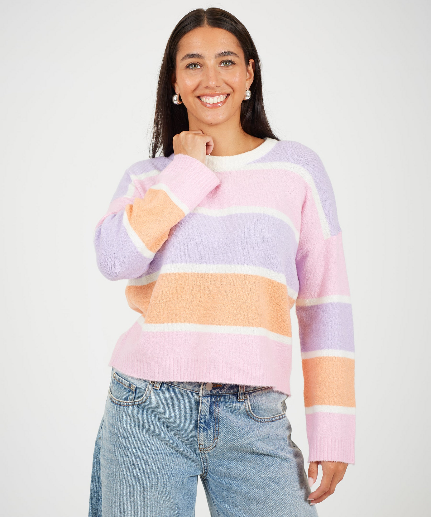 Brave Soul Pastel Stripe Mossy Knit Cropped Jumper – Women’s