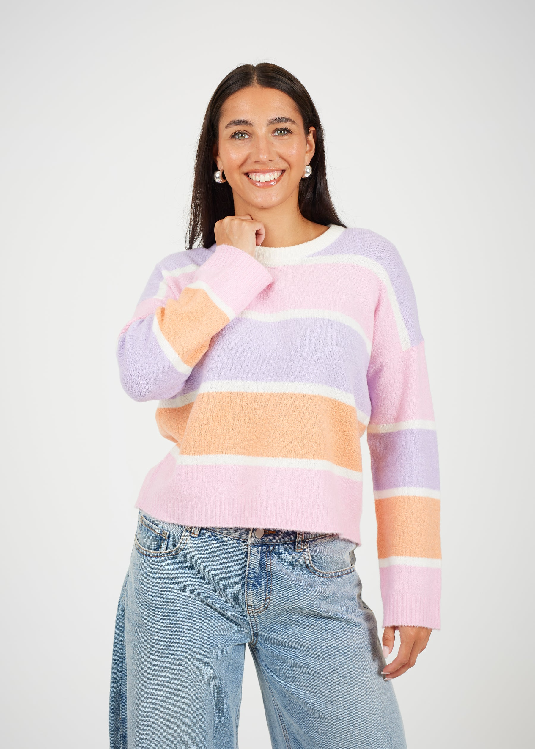 Brave Soul Pastel Stripe Mossy Knit Cropped Jumper – Women’s
