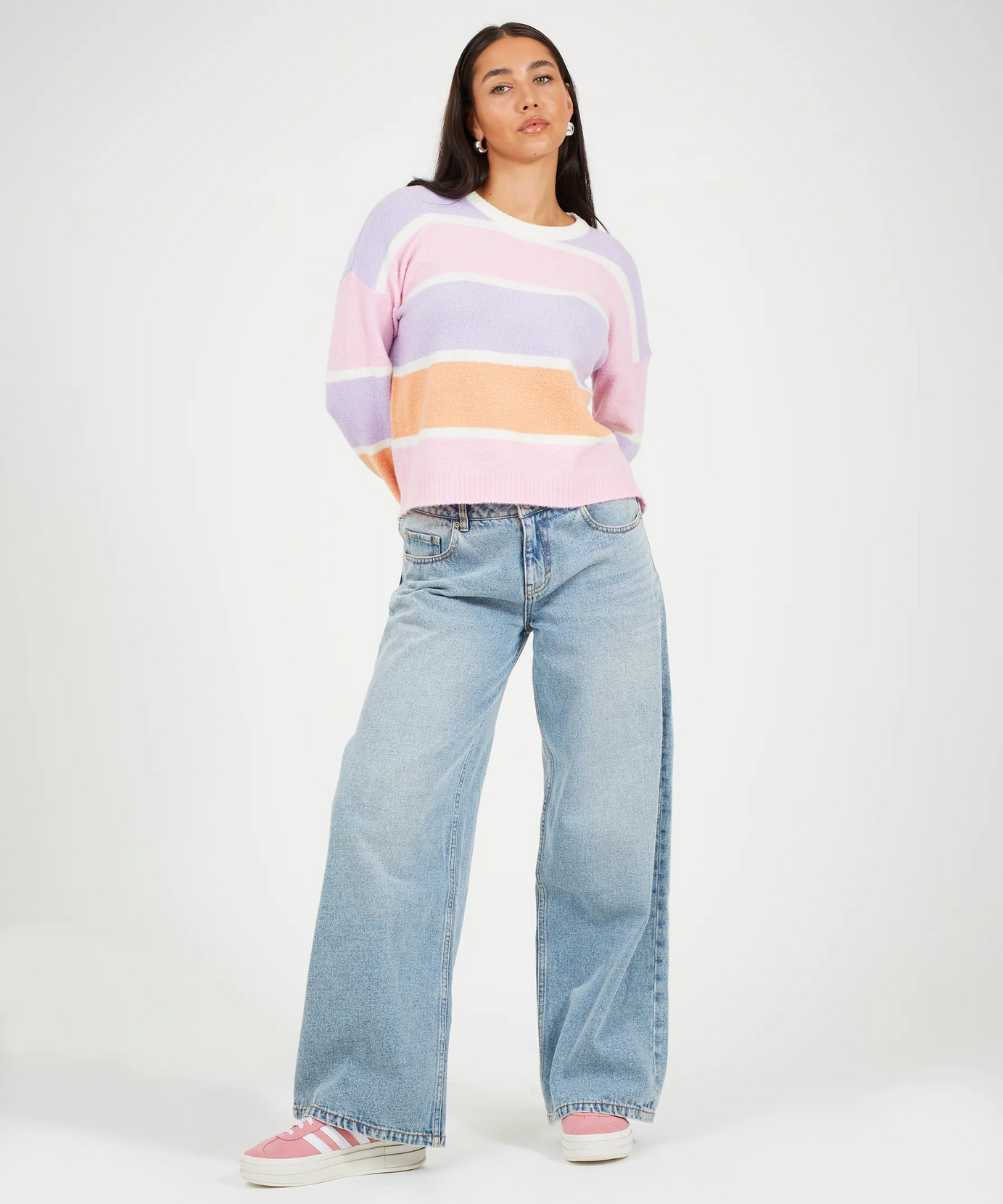 Brave Soul Pastel Stripe Mossy Knit Cropped Jumper – Women’s