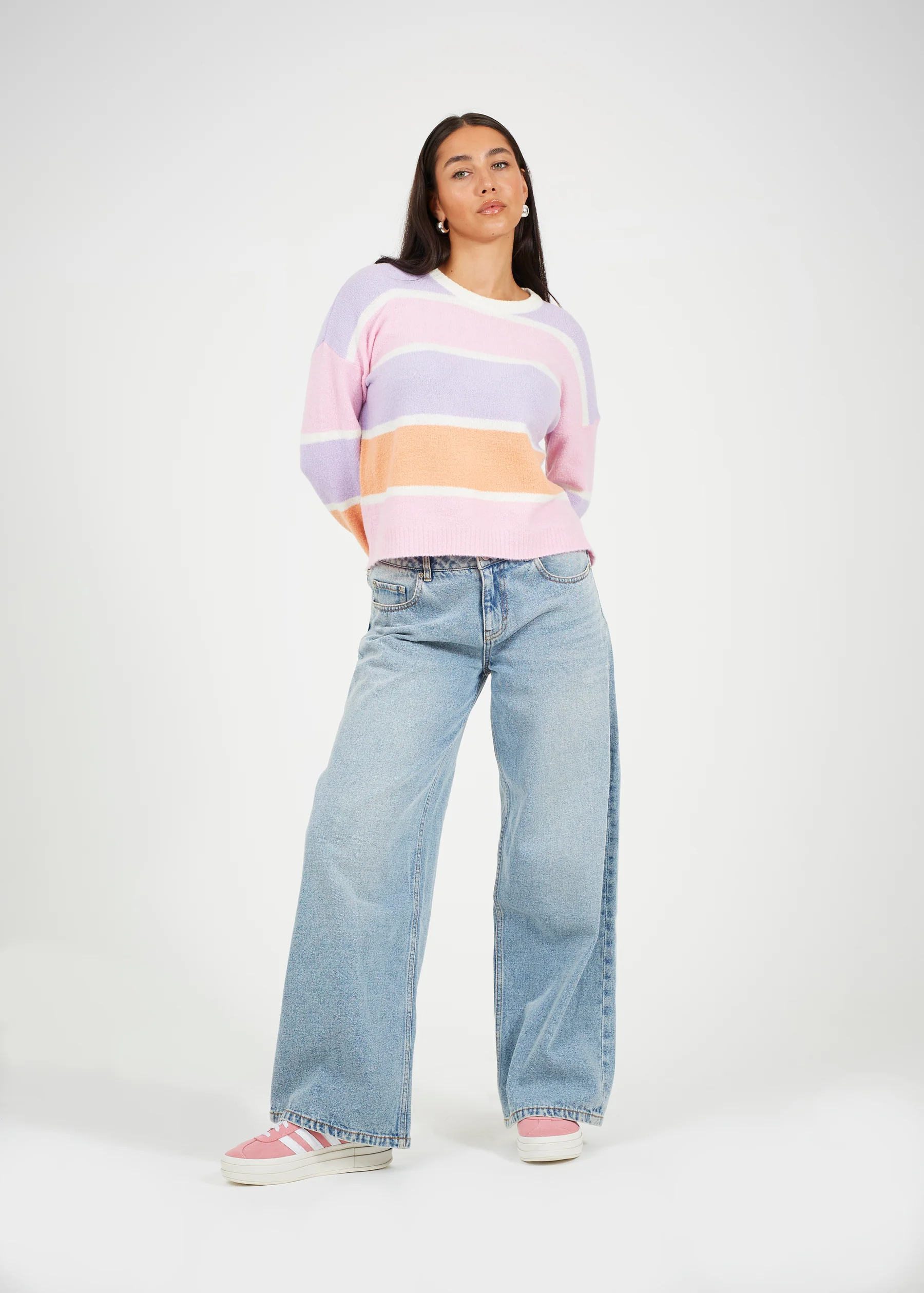 Brave Soul Pastel Stripe Mossy Knit Cropped Jumper – Women’s