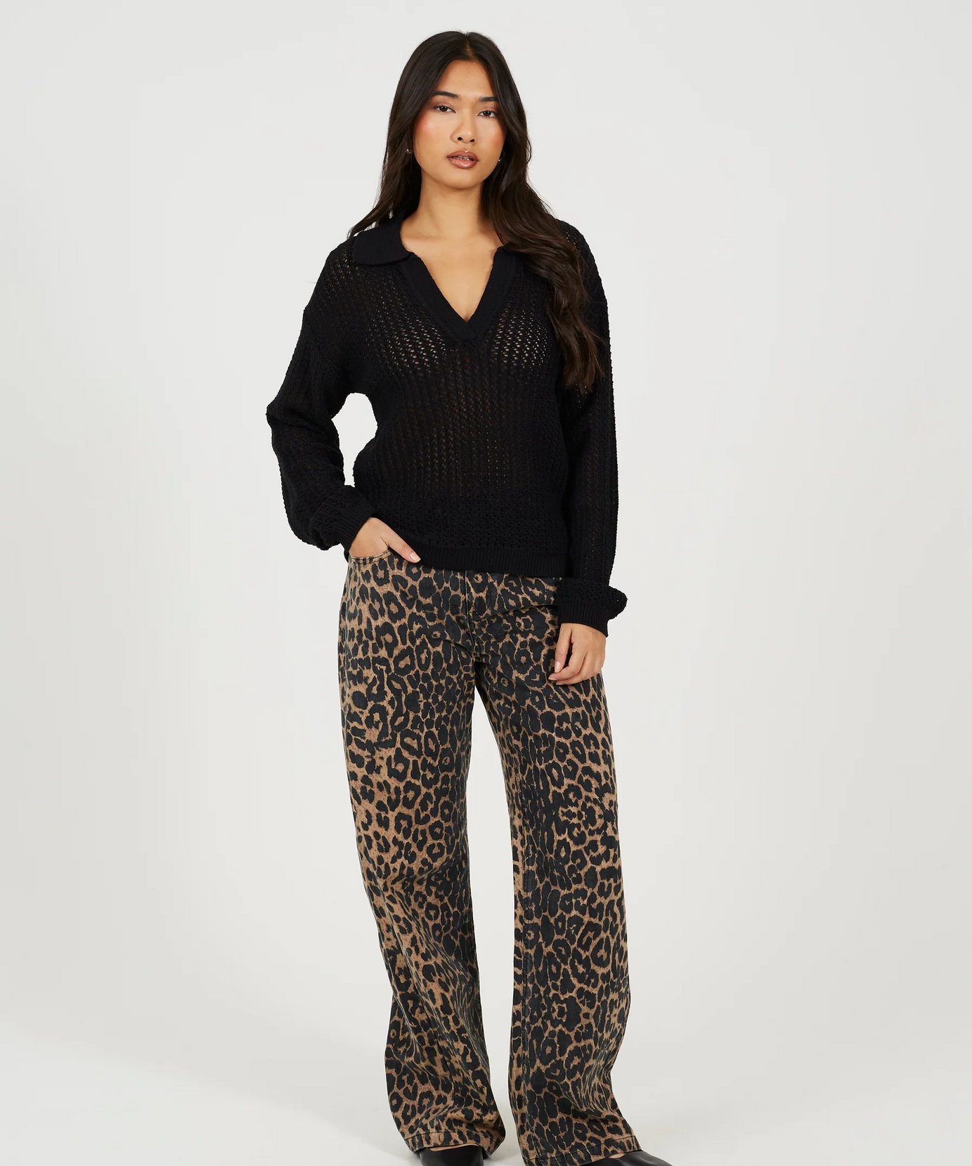 Brave Soul Open V-Neck Mesh Knit Jumper – Black Women’s Sweater