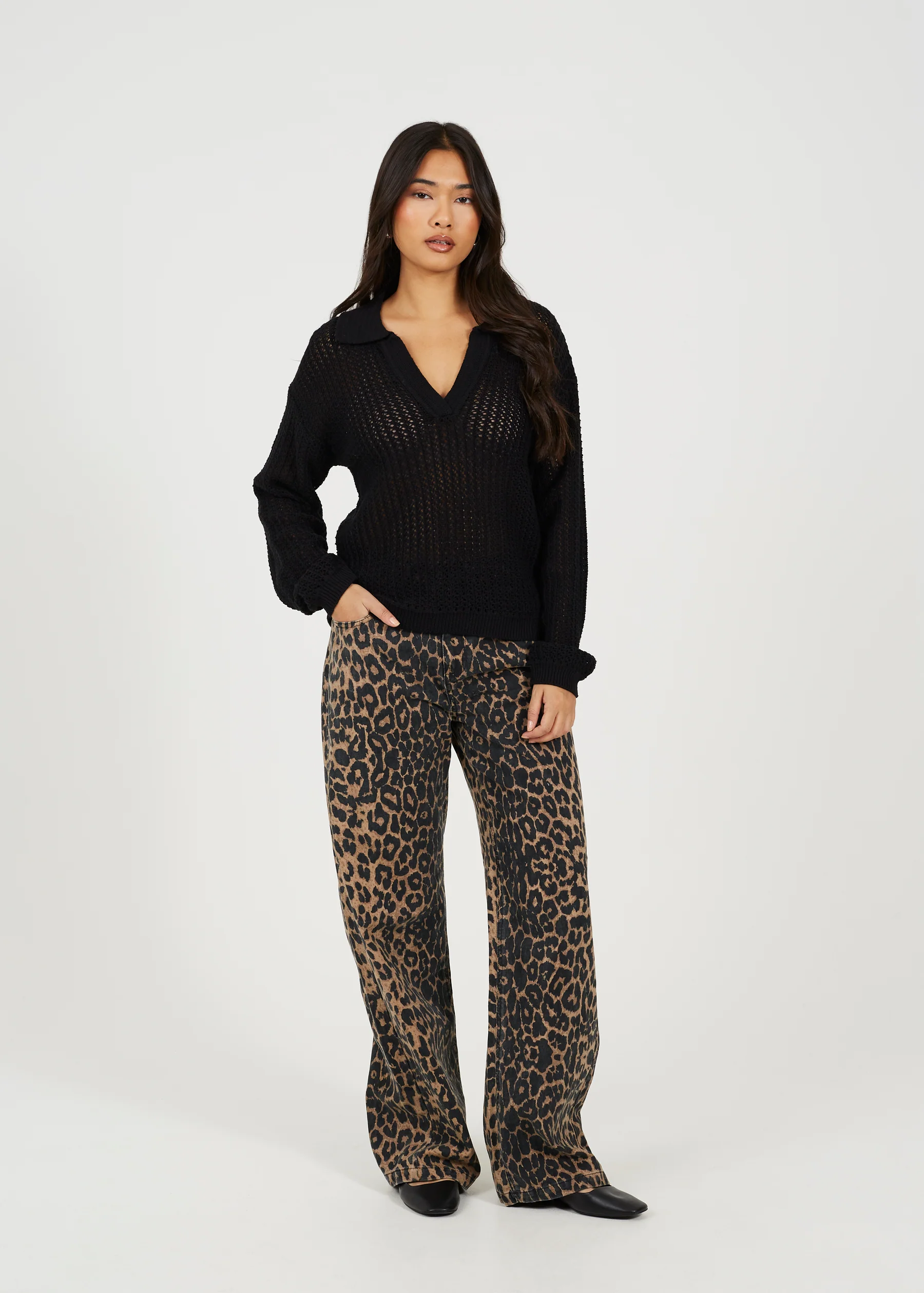 Brave Soul Open V-Neck Mesh Knit Jumper – Black Women’s Sweater