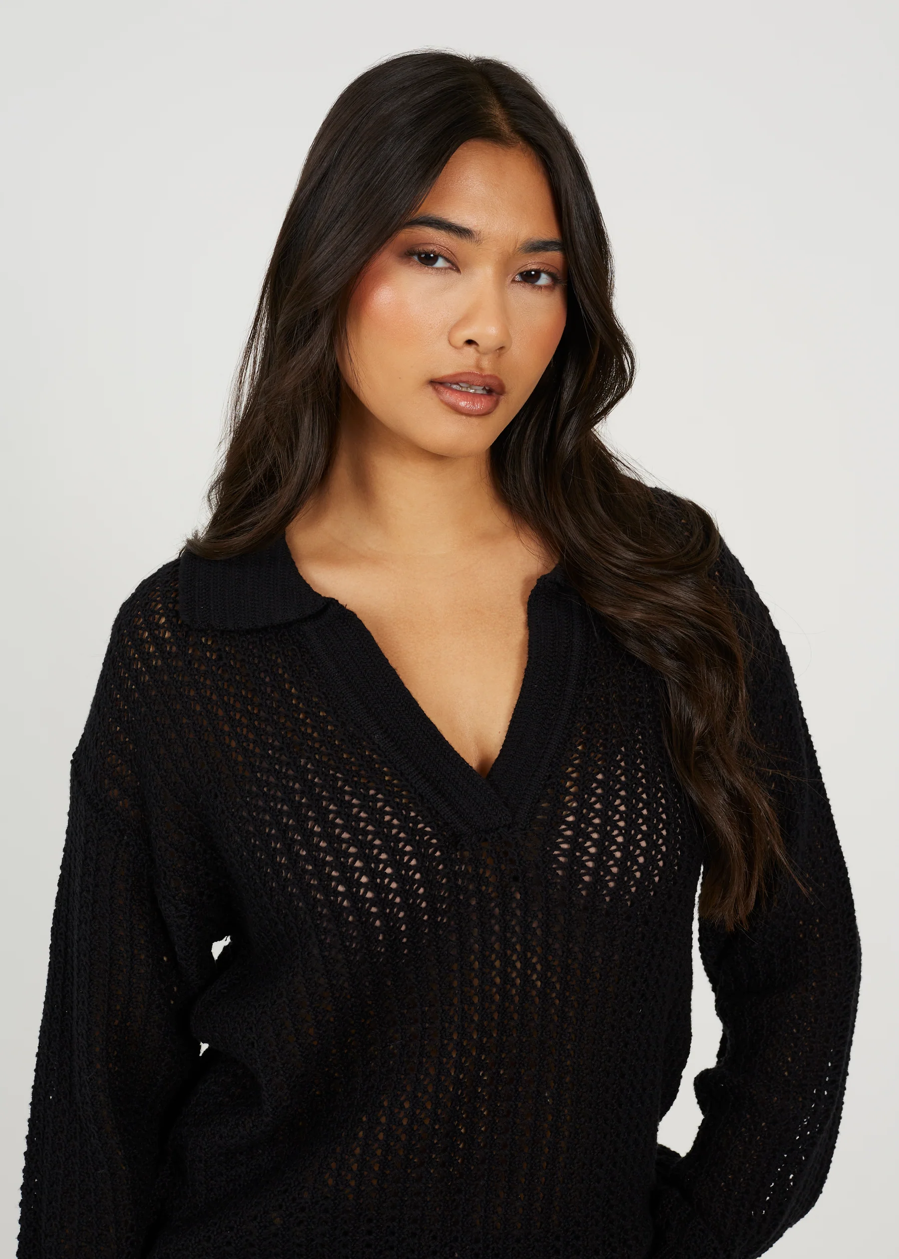 Brave Soul Open V-Neck Mesh Knit Jumper – Black Women’s Sweater