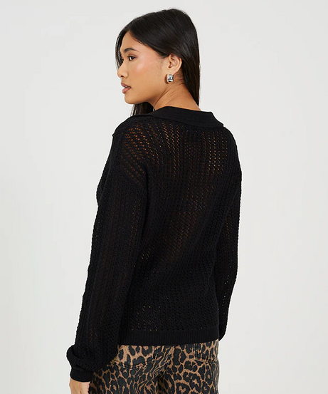 Brave Soul Open V-Neck Mesh Knit Jumper – Black Women’s Sweater