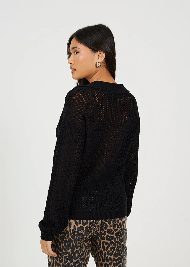 Brave Soul Open V-Neck Mesh Knit Jumper – Black Women’s Sweater