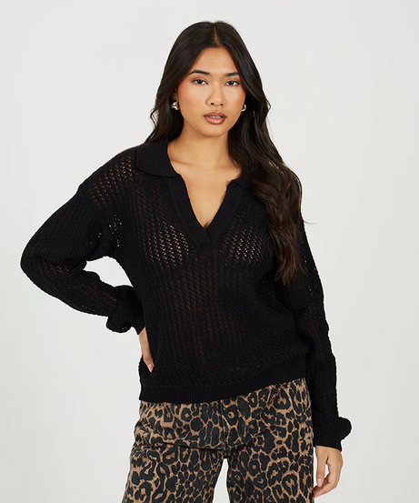 Brave Soul Open V-Neck Mesh Knit Jumper – Black Women’s Sweater
