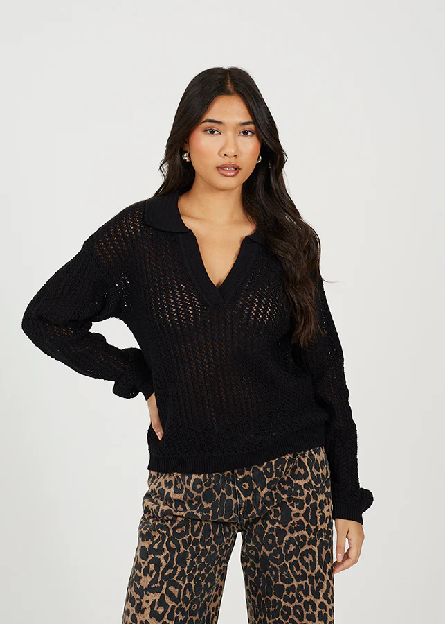 Brave Soul Open V-Neck Mesh Knit Jumper – Black Women’s Sweater