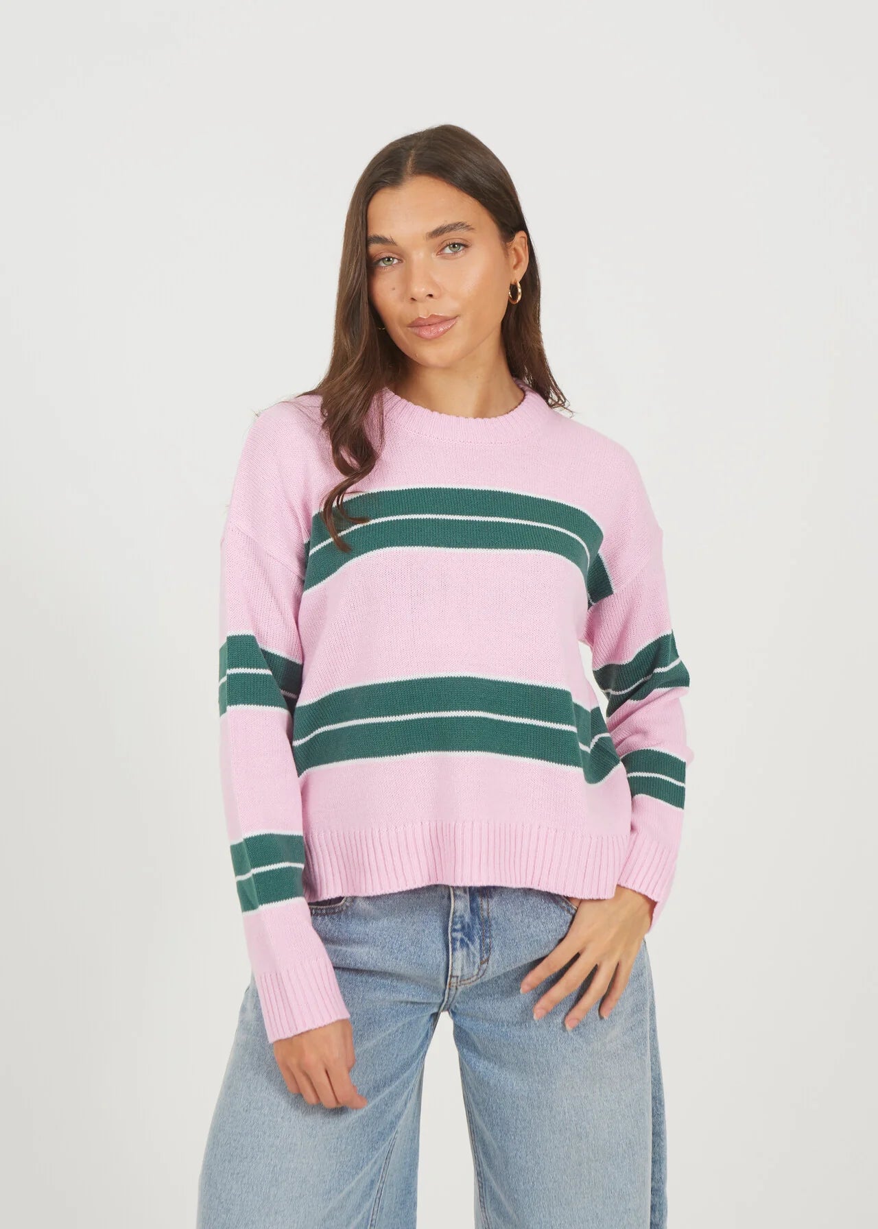 MIXED STRIPE LOOSE FIT CREW NECK JUMPER, PINK/MULTI