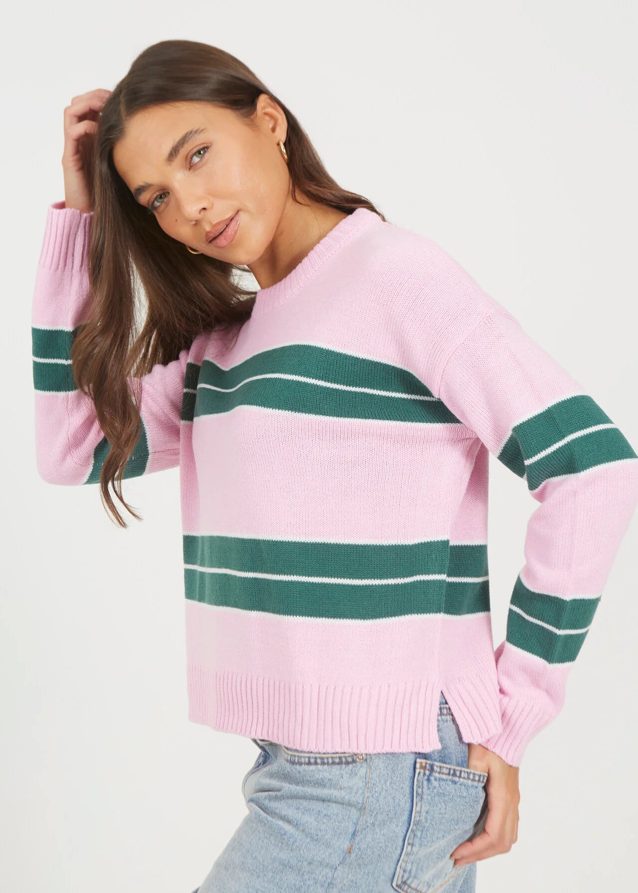 MIXED STRIPE LOOSE FIT CREW NECK JUMPER, PINK/MULTI