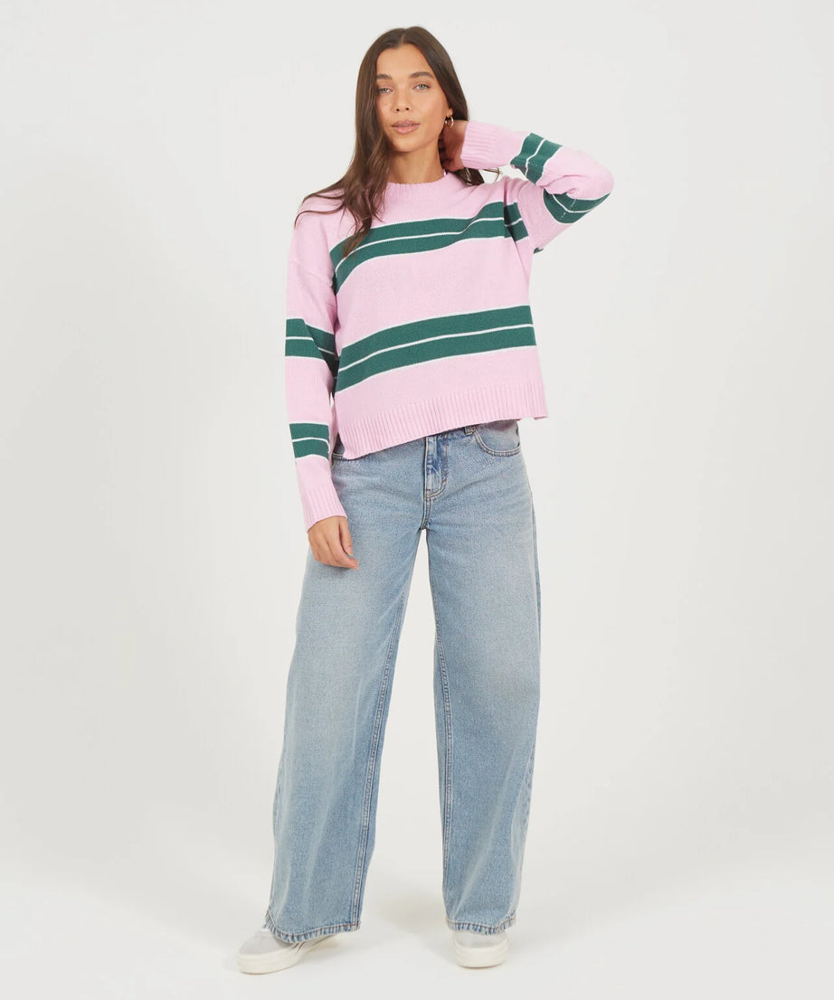 MIXED STRIPE LOOSE FIT CREW NECK JUMPER, PINK/MULTI