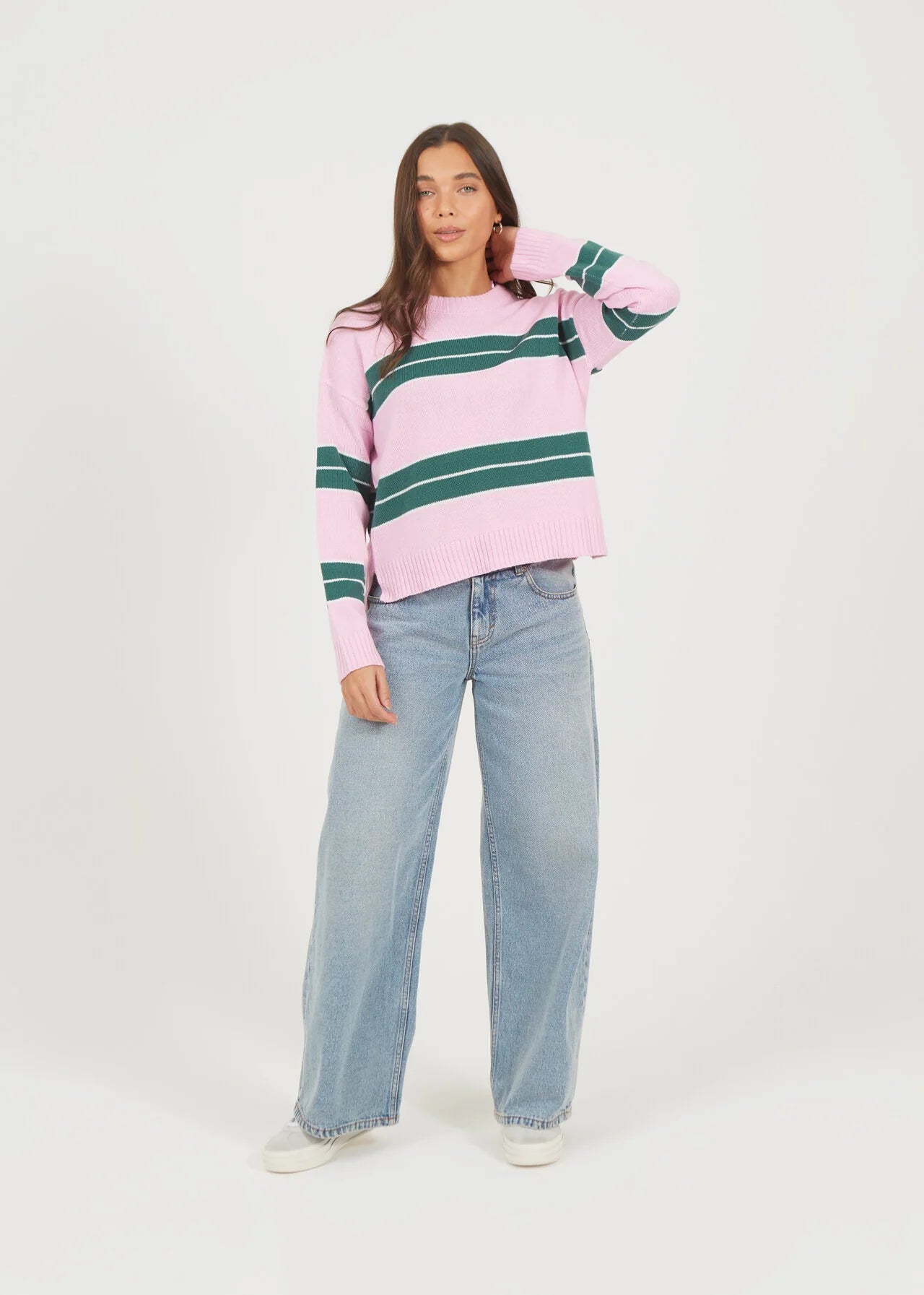MIXED STRIPE LOOSE FIT CREW NECK JUMPER, PINK/MULTI