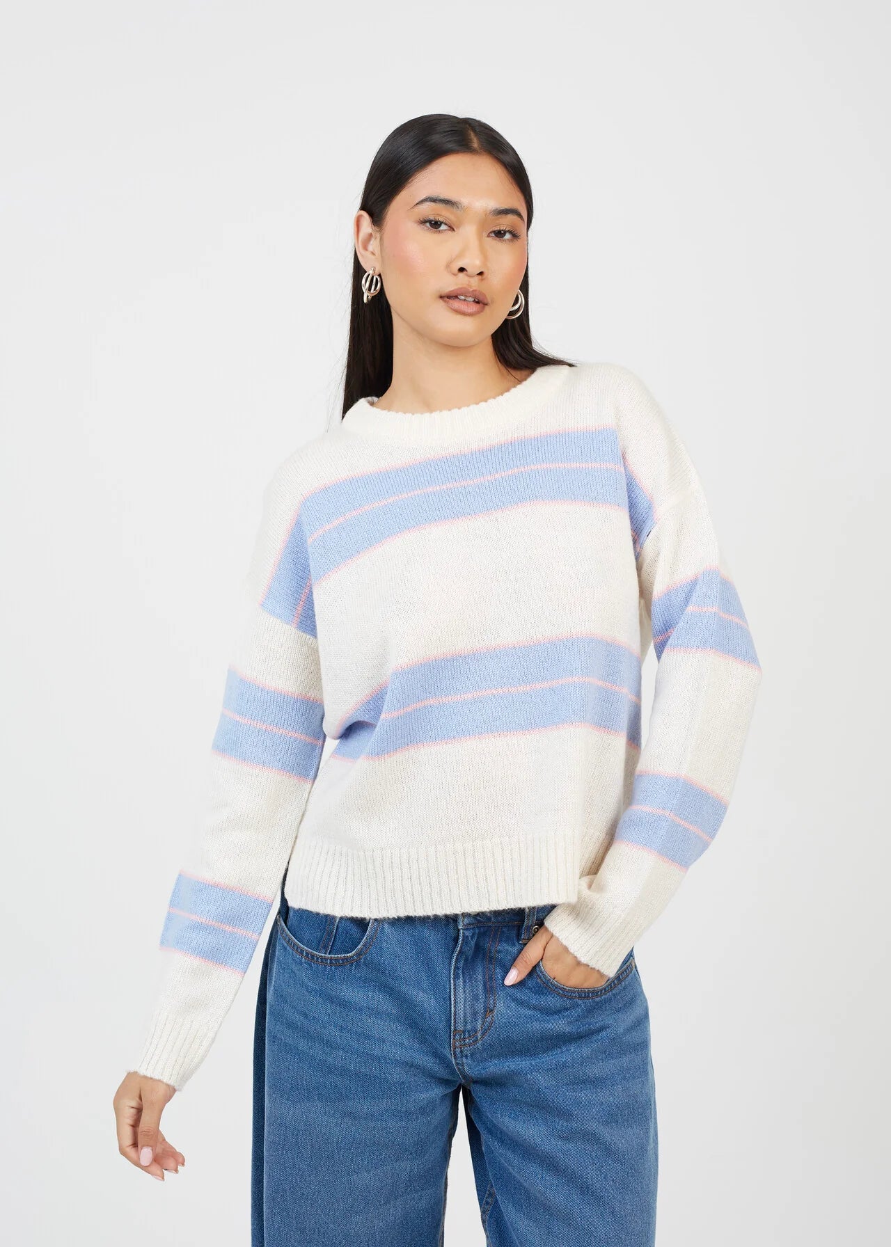 MIXED STRIPE LOOSE FIT CREW NECK JUMPER, CREAM/MULTI