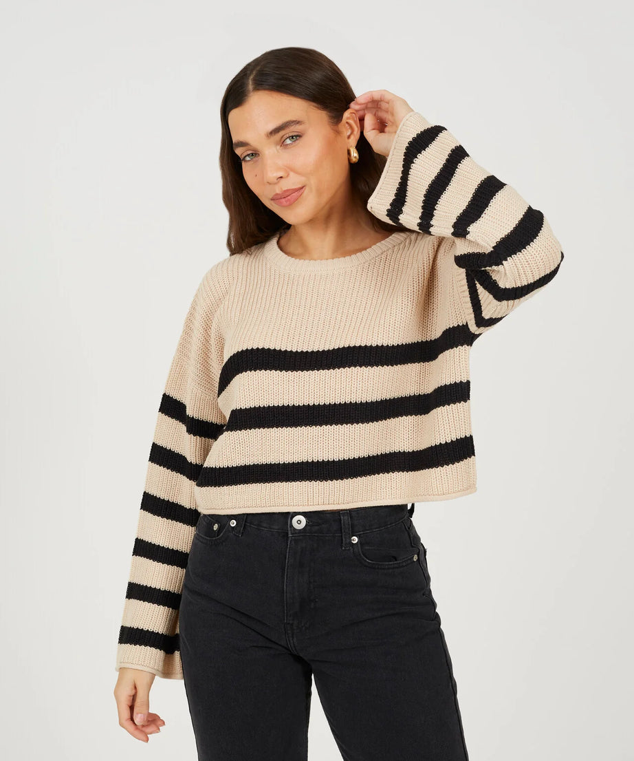 CROPPED STRIPED RELAXED FIT JUMPER, BEIGE/WHITE