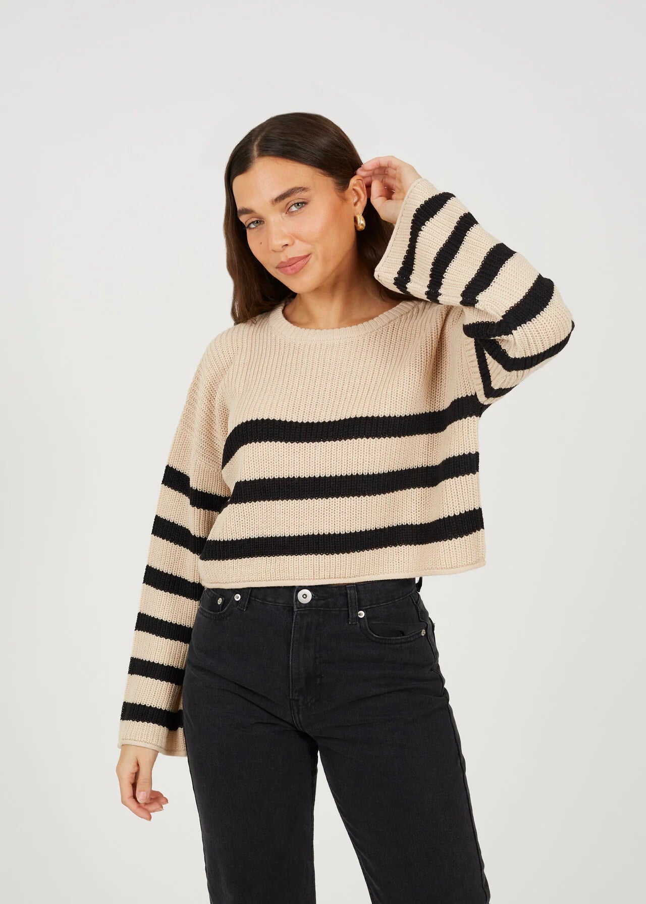 CROPPED STRIPED RELAXED FIT JUMPER, BEIGE/WHITE