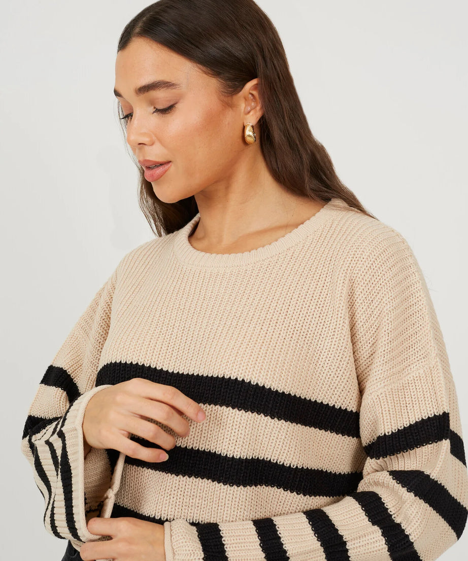 CROPPED STRIPED RELAXED FIT JUMPER, BEIGE/WHITE