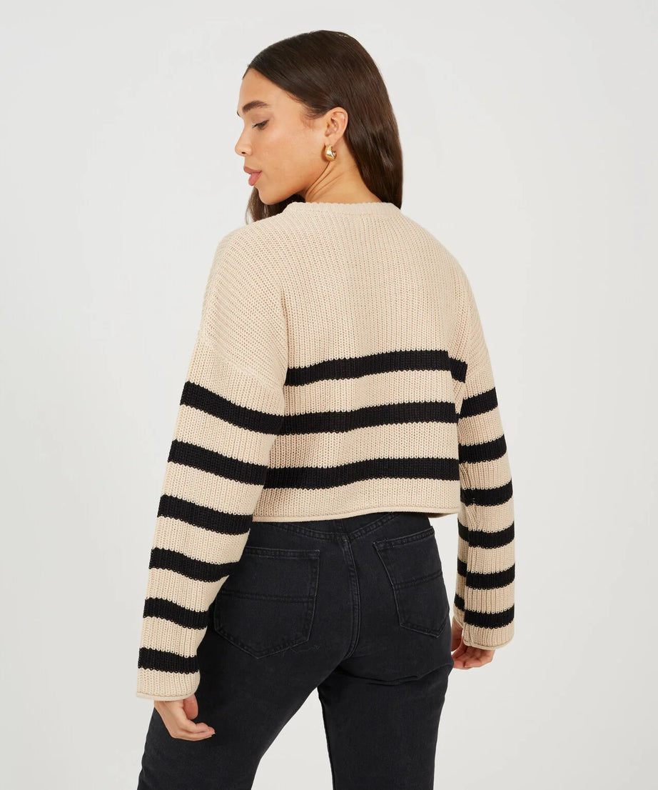 CROPPED STRIPED RELAXED FIT JUMPER, BEIGE/WHITE