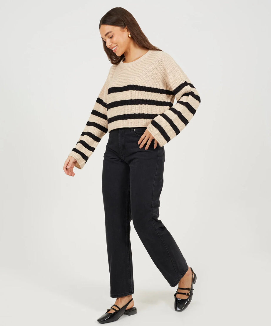 CROPPED STRIPED RELAXED FIT JUMPER, BEIGE/WHITE