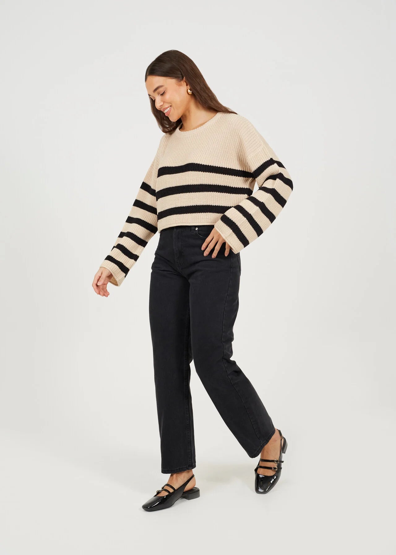 CROPPED STRIPED RELAXED FIT JUMPER, BEIGE/WHITE