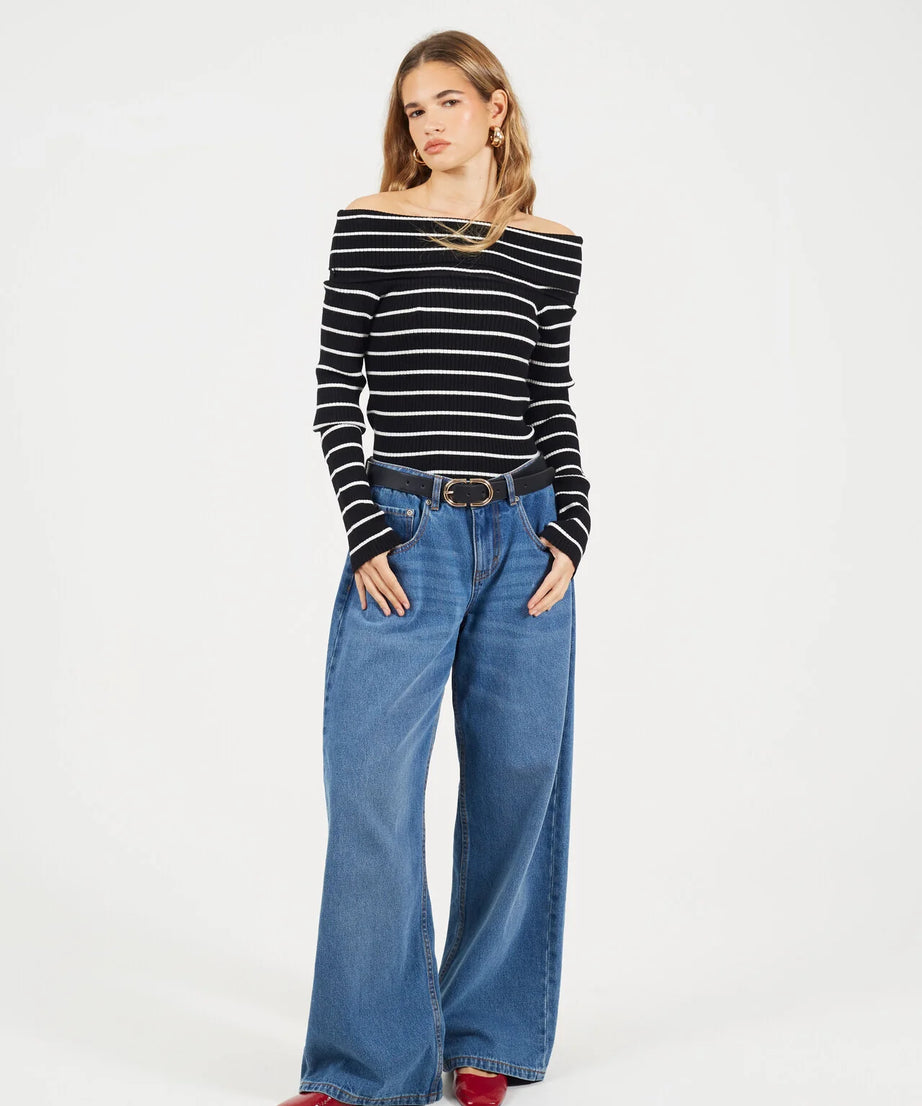 BARDOT RIBBED LONG SLEEVE JUMPER, BLACK/CREAM STRIPE
