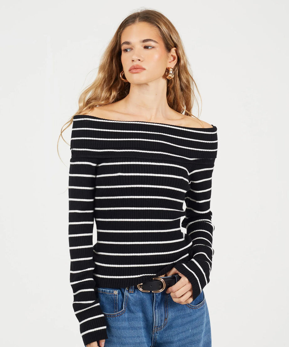BARDOT RIBBED LONG SLEEVE JUMPER, BLACK/CREAM STRIPE
