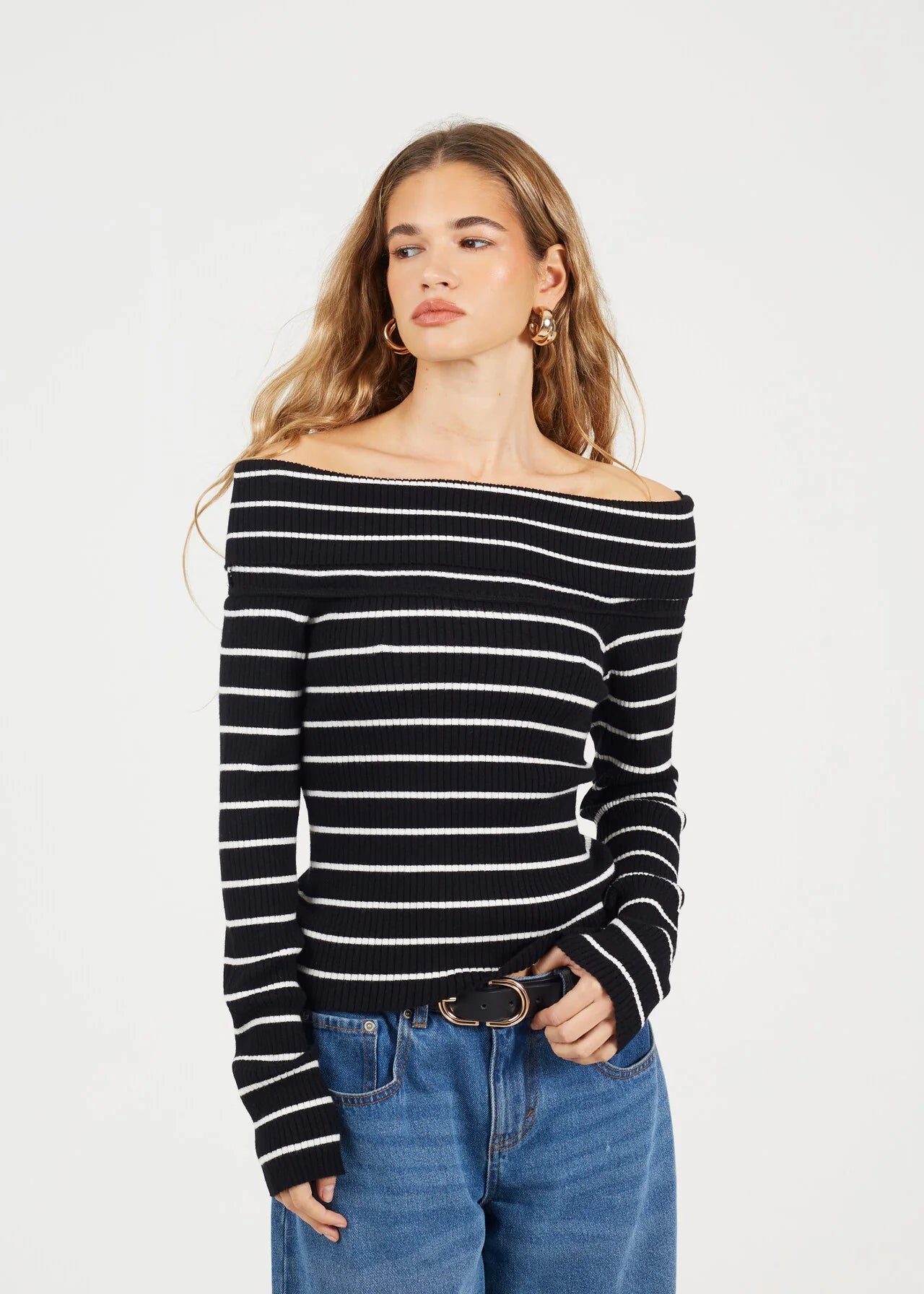 BARDOT RIBBED LONG SLEEVE JUMPER, BLACK/CREAM STRIPE