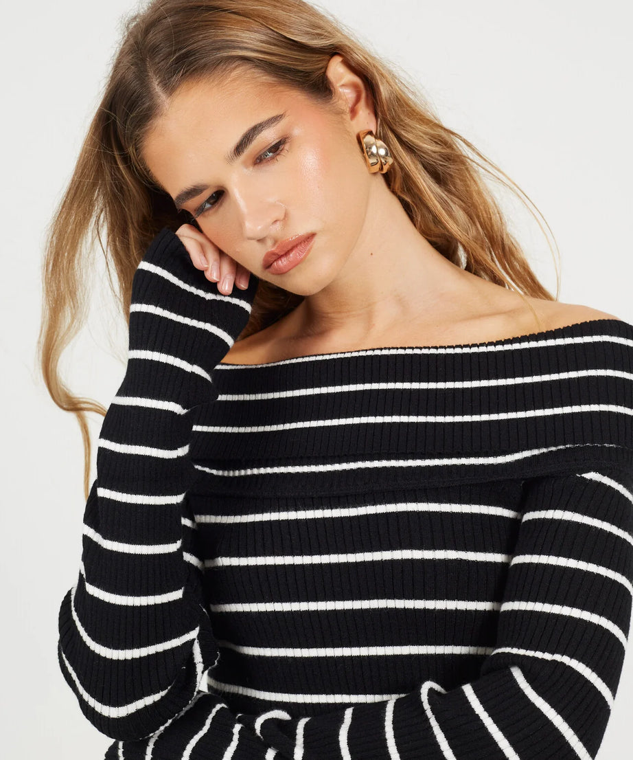 BARDOT RIBBED LONG SLEEVE JUMPER, BLACK/CREAM STRIPE
